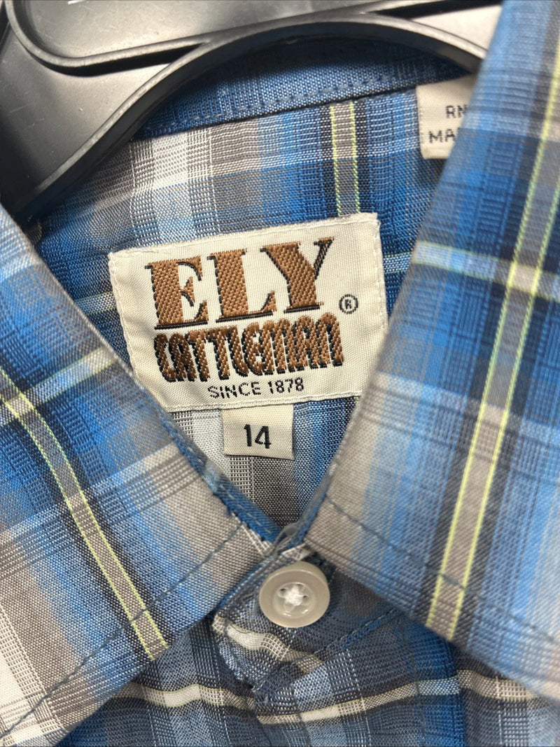New Kids ELY Cattleman Blue Plaid Long Sleeve Pearl Snap Size 14 DD-39
