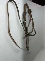 Used Light Oil Genuine Leather Show Halter With Lead Rope Silver Accents W-23