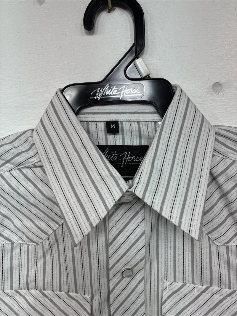 New Boys White Horse Gray Stripe Long Sleeve Pearl Snap Medium DD-118