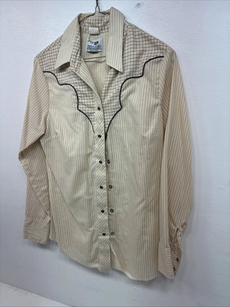 Me Women’s Dickson Jenkins Tan Stripe Long Sleeve Pearl Snap Size 34 KK-28