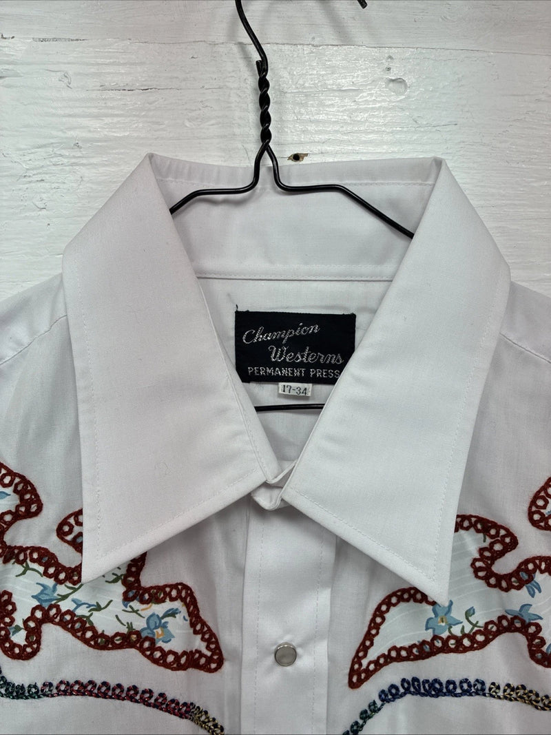 New Men’s Champion Western White Embroidered Long Sleeve Pearl Snap 17 XL T-5