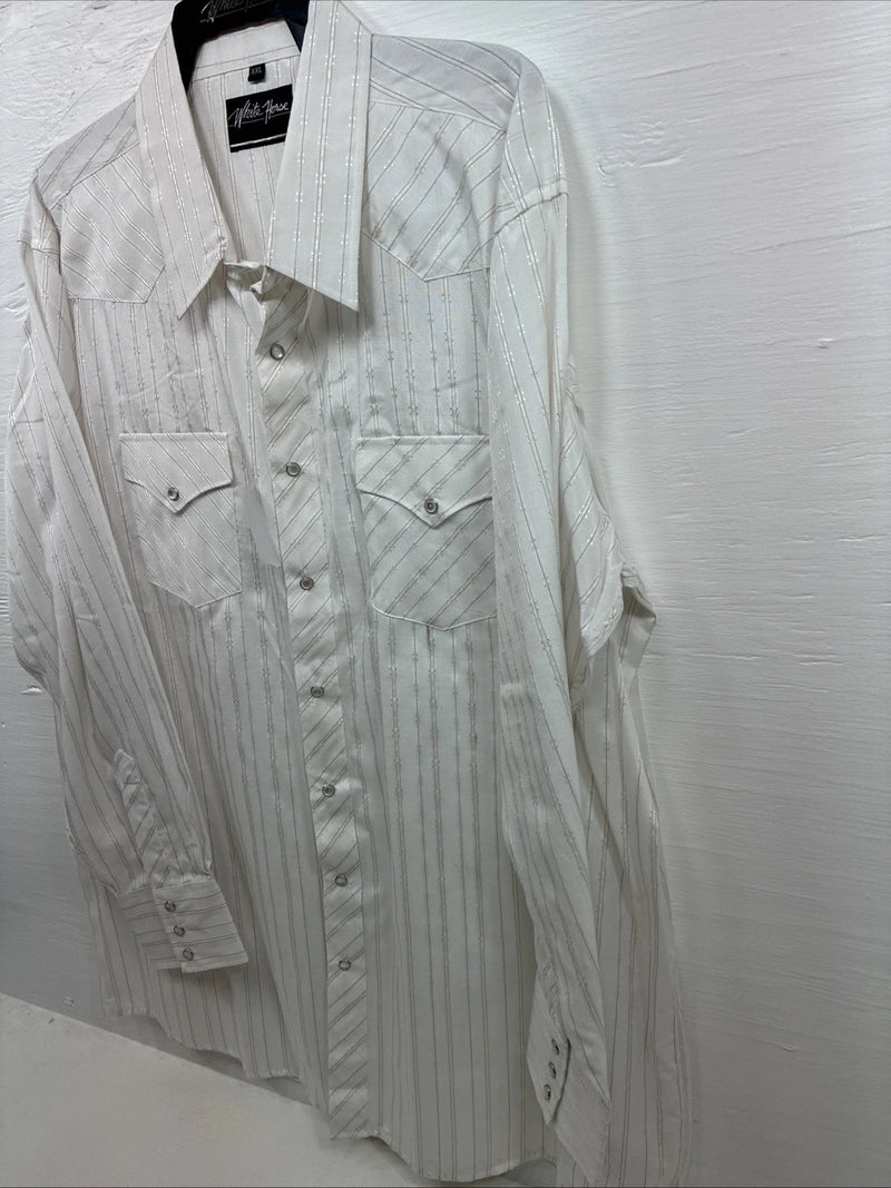 New Men’s White Horse White Stripe Western Long Sleeve Pearl Snap 2XL H-47
