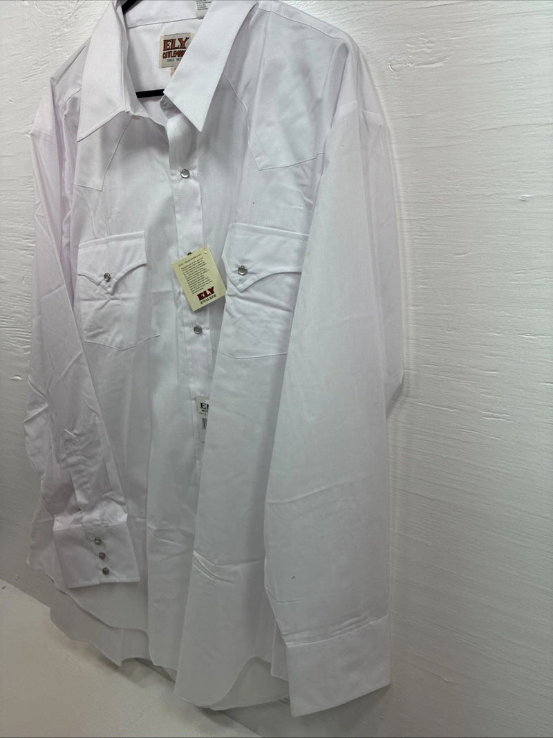 New Men’s ELY Cattleman White Long Sleeve Pearl Snap 18 X 35 2XL R-25