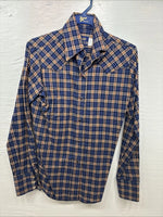 New Kids Panhandle Slim Blue Gold Plaid Long Sleeve Pearl Snap Size 10 CC-81