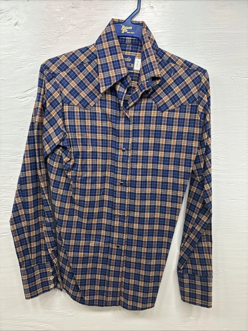 New Kids Panhandle Slim Blue Gold Plaid Long Sleeve Pearl Snap Size 10 CC-81