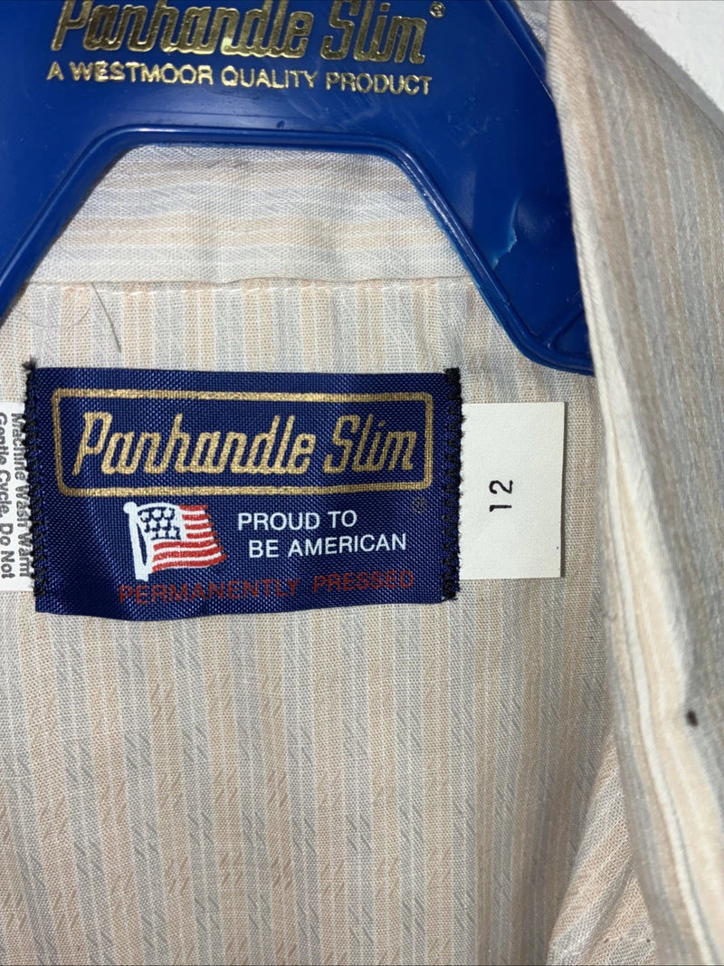 New Kids Panhandle Slim Tan Stripe Long Sleeve Pearl Snap Size 12 DD-104