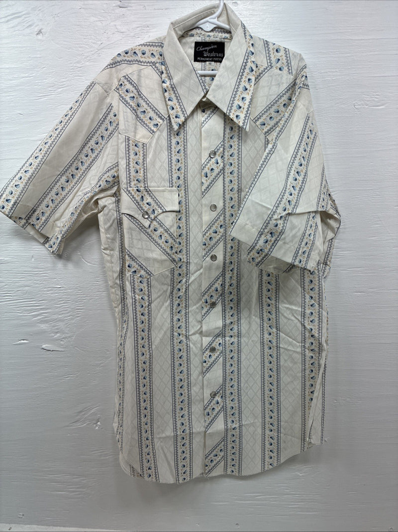 New Men’s Champion Western White Designed Short Sleeve Pearl Snap Medium J-76