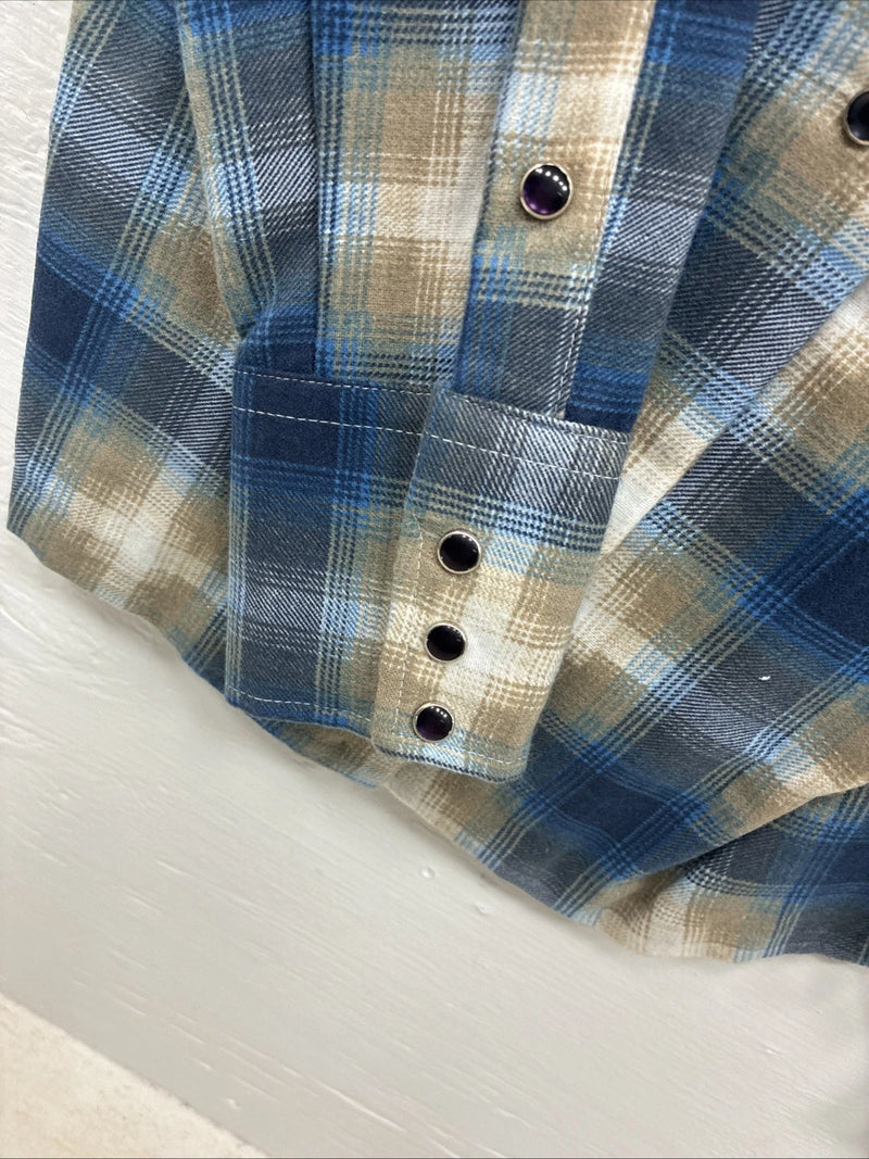 New Kids Panhandle Slim Blue Green Plaid Long Sleeve Pearl Snap Size 10 CC-83