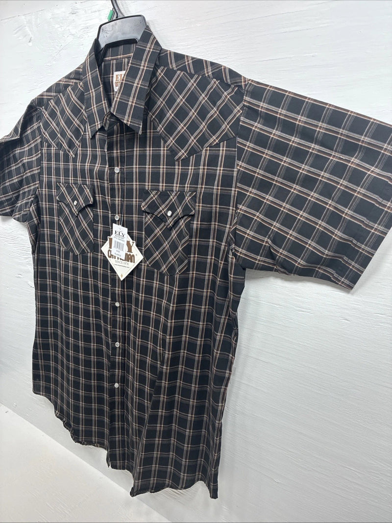 New Men’s ELY Cattleman Black Brown Plaid Short Sleeve Pearl Snap XL T-29