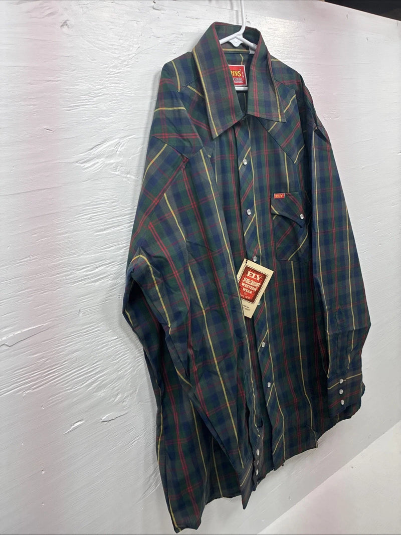 New Men’s ELY Plains Green Multicolor Plaid Long Sleeve Pearl Snap Large M-39