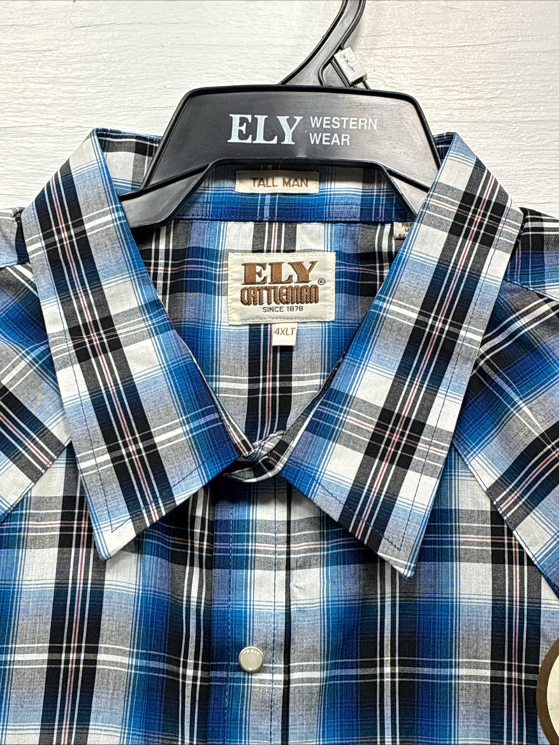New Men’s ELY Cattleman Blue Western Flannel Short Sleeve Pearl Snap 4XL E-73