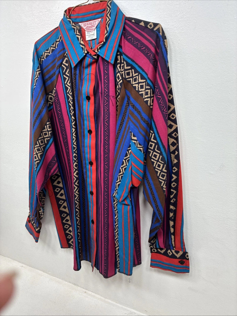 New Women’s H Bar C Multicolor Design Long Sleeve Button Up Size 14 MM-117 