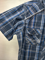 New Men’s ELY 1878 Blue Gray Plaid Short Sleeve Pearl Snap Large X-45