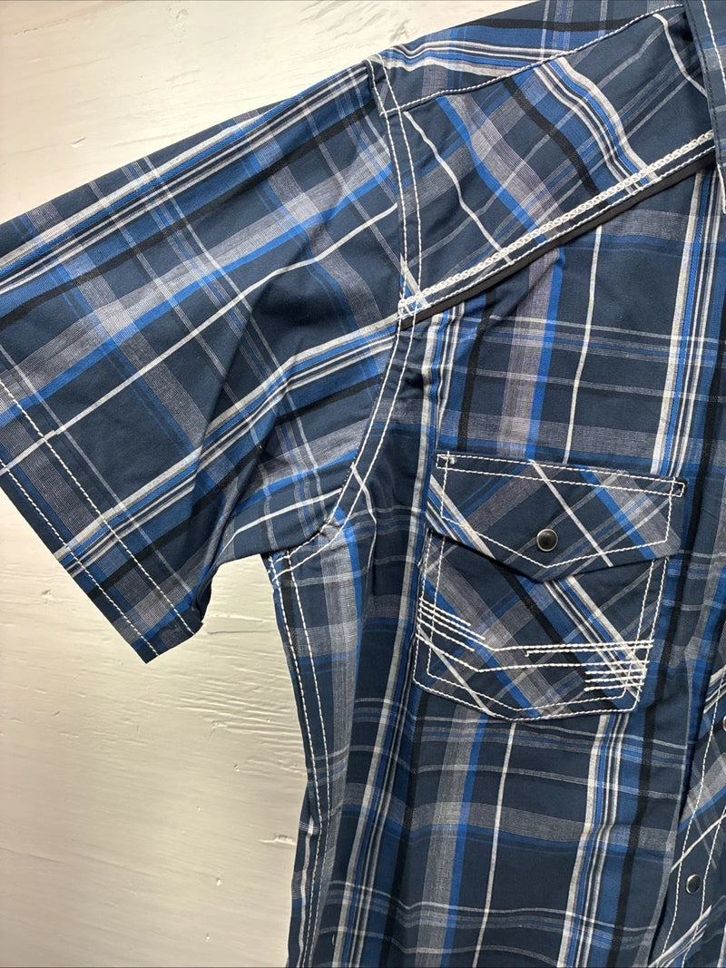New Men’s ELY 1878 Blue Gray Plaid Short Sleeve Pearl Snap Large X-45