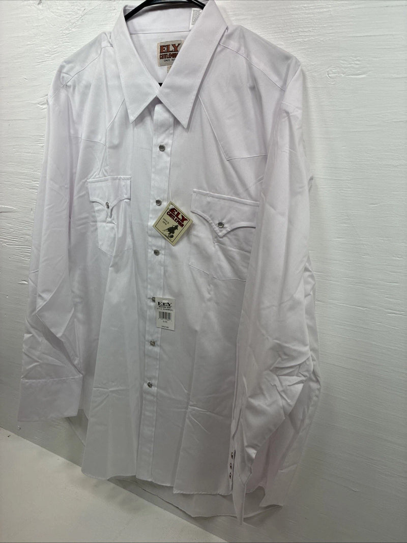 New Men’s ELY Cattleman White Western Long Sleeve Pearl Snap 18 X 35 2XL T-49
