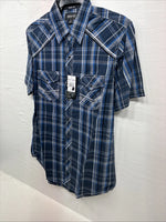 New Men’s ELY 1878 Blue Black Plaid Short Sleeve Pearl Snap Medium J-91