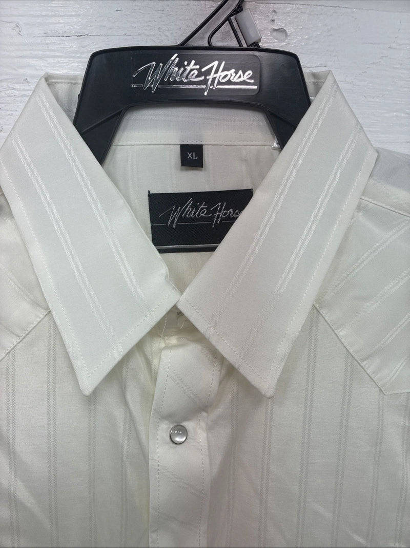 New Men’s White Horse Yellow Stripe Long Sleeve Pearl Snap XL T-77