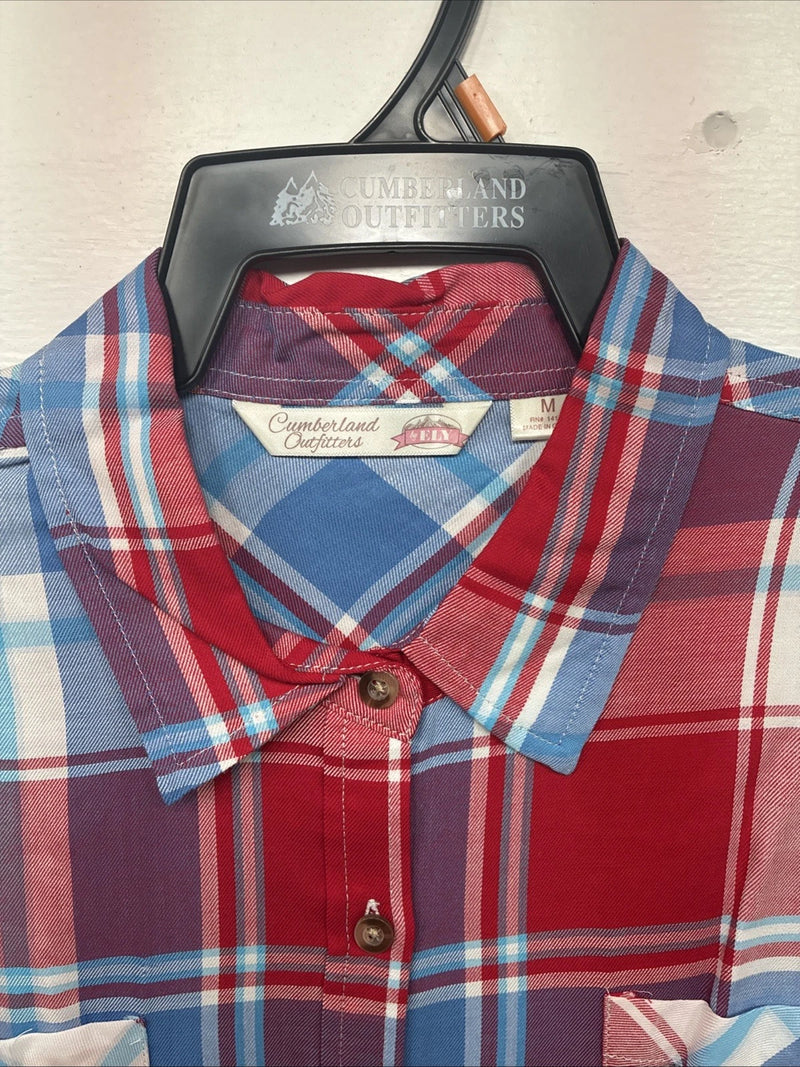New Women’s Cumberland Red Blue Plaid Short Sleeve Button Up Medium GG-4