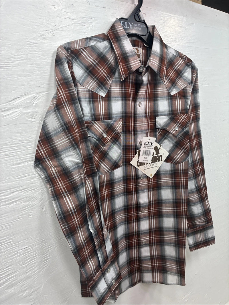 New Kids ELY Cattleman Orange Plaid Long Sleeve Pearl Snap Size 12 DD-37