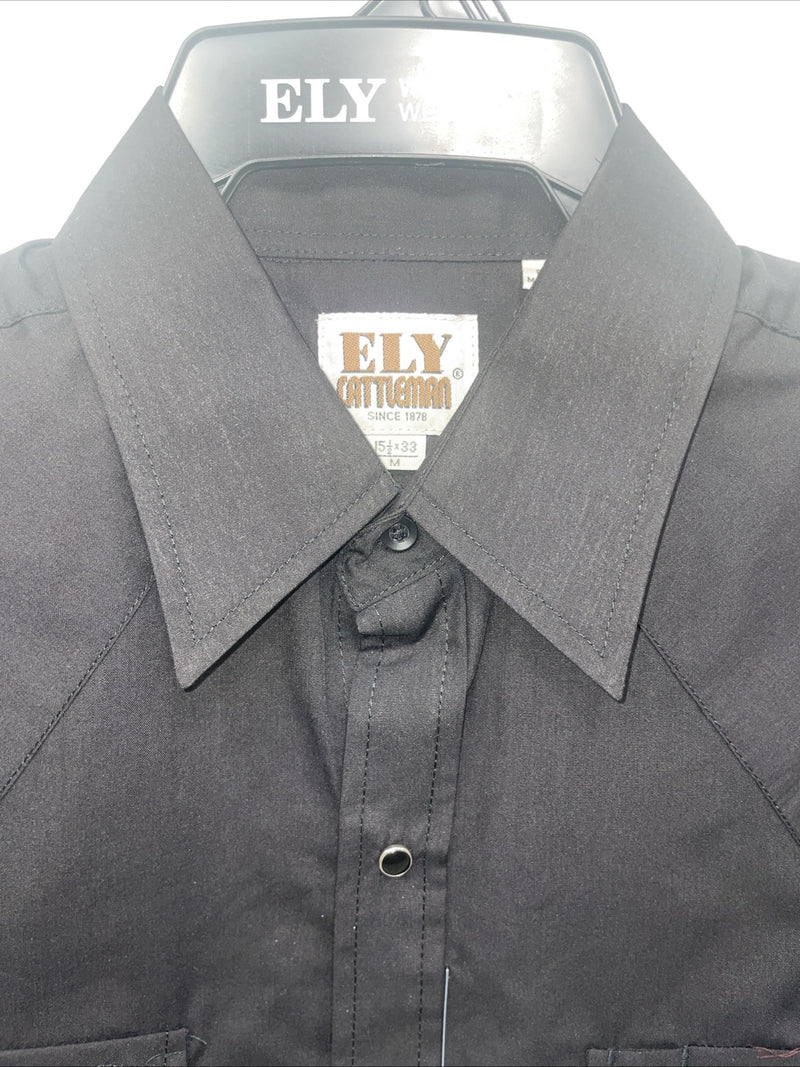 New Men’s ELY Cattleman Black Long Sleeve Pearl Snap 15.5 X 33 Medium B-112