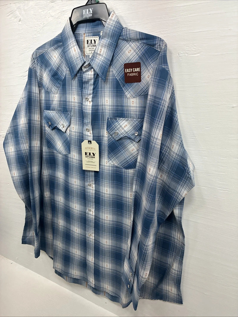 New Men’s ELY Cattleman Blue White Plaid Long Sleeve Pearl Snap XL T-44