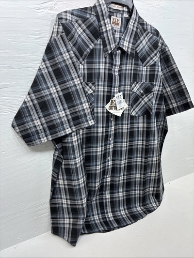 New Men’s ELY Cattleman Grey Black Short Sleeve Pearl Snap 3XL E-40
