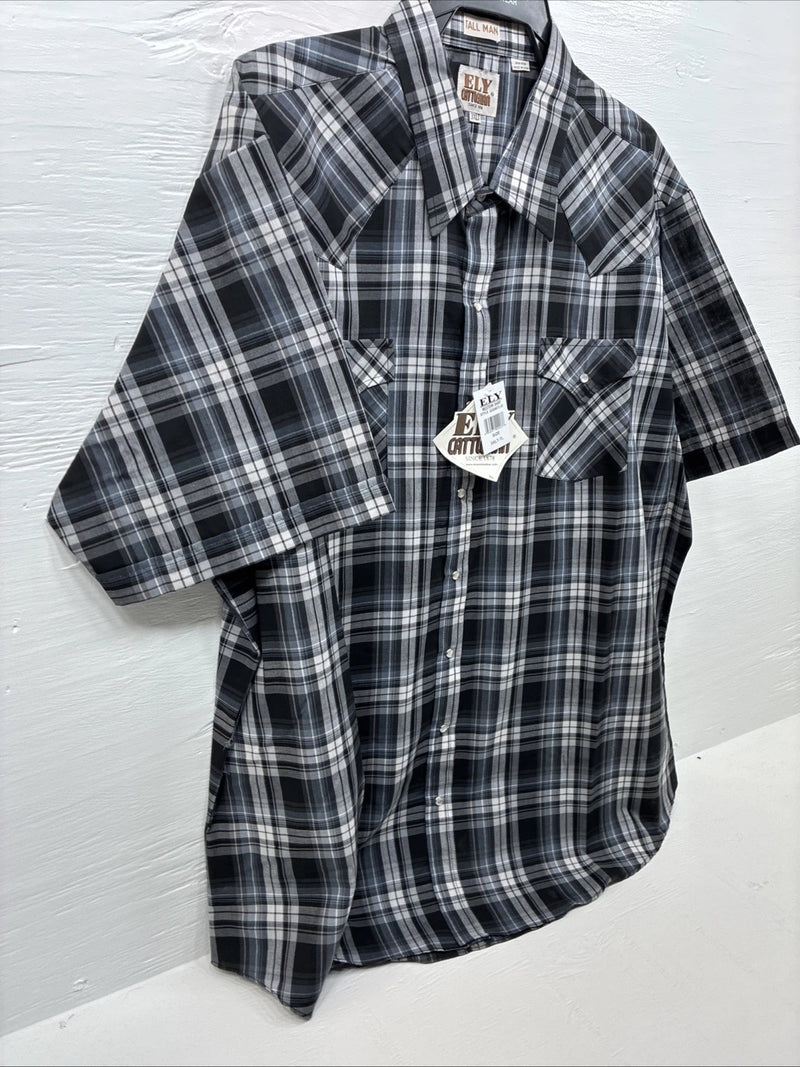 New Men’s ELY Cattleman Grey Black Short Sleeve Pearl Snap 3XL E-40
