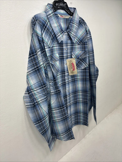 New Women’s Cumberland Blue Plaid Long Sleeve Pearl Snap 3XL GG-48