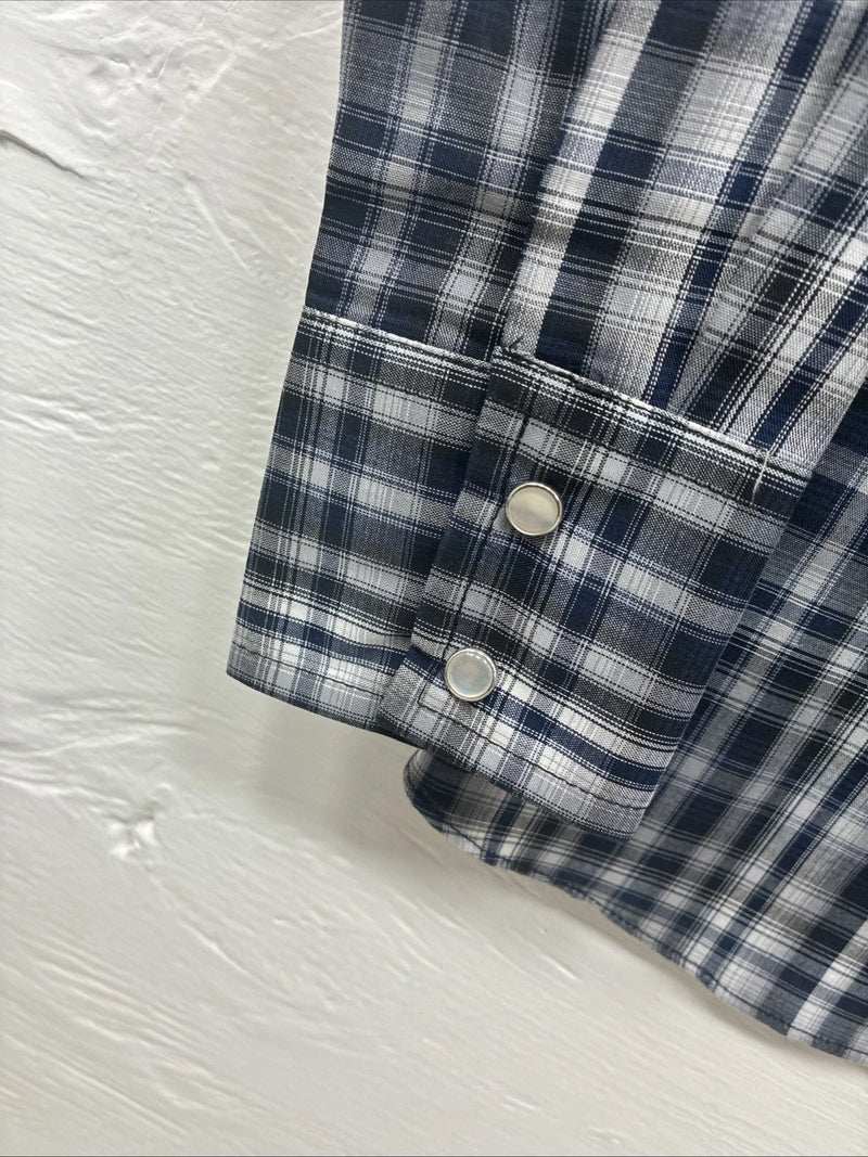 New Kids ELY Cattleman Black Plaid Long Sleeve Pearl Snap Size 14 DD-36