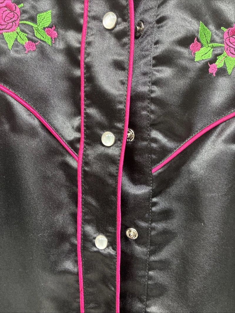 New Women’s Cumberland Black Floral Long Sleeve Pearl Snap Large KK-88