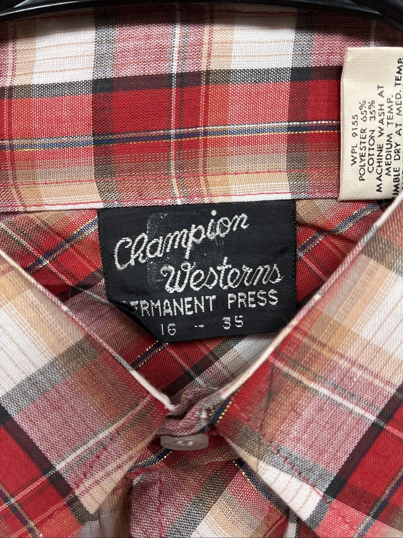 New Men’s Champion Westerns Red Plaid Long Sleeve Pearl Snap 16 X 35 Large Q-84