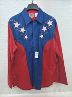 New Men’s ELY Diamond Red Blue Long Sleeve Pearl Snap Large V-88