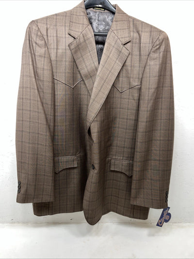New Circle S Brown Plaid Suit Jacket 52L #25832 Y-600