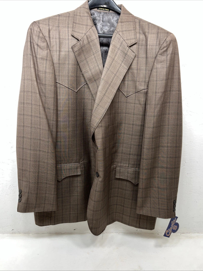 New Circle S Brown Plaid Suit Jacket 52L #25832 Y-600
