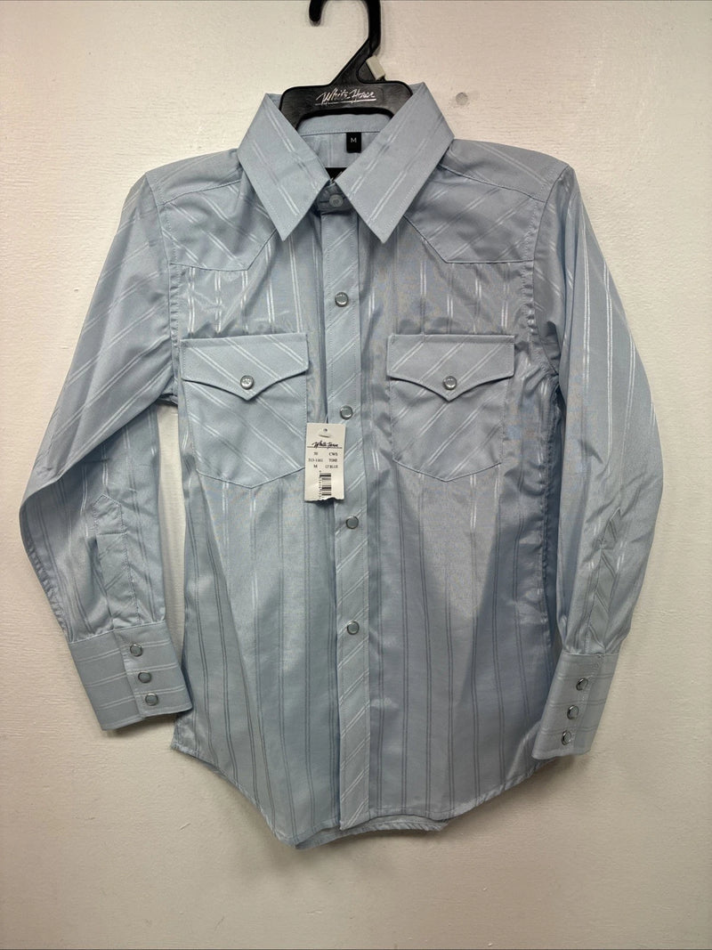 New Boys White Horse Blue Long Sleeve Pearl Snap Medium DD-120