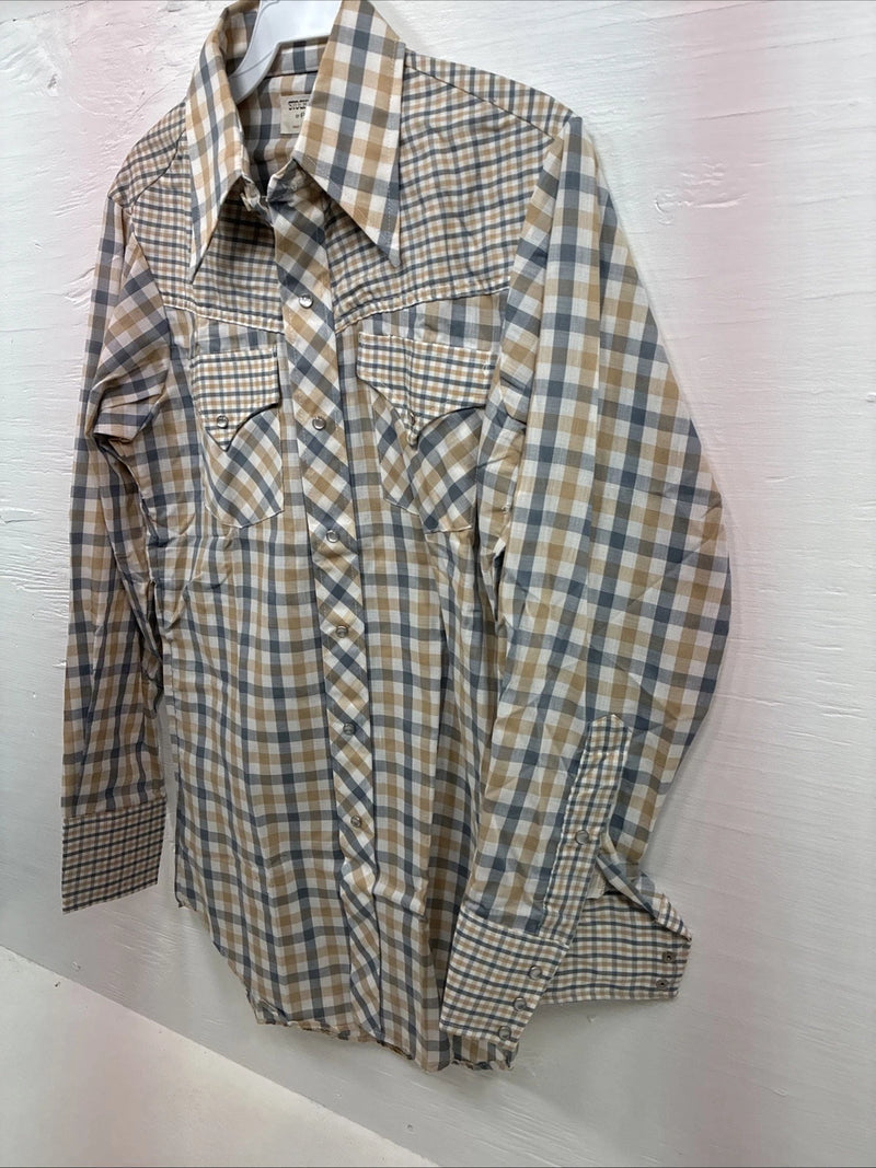 New Men’s Stockman Yellow Grey Plaid Long Sleeve Pearl Snap 14.5 Small X-37