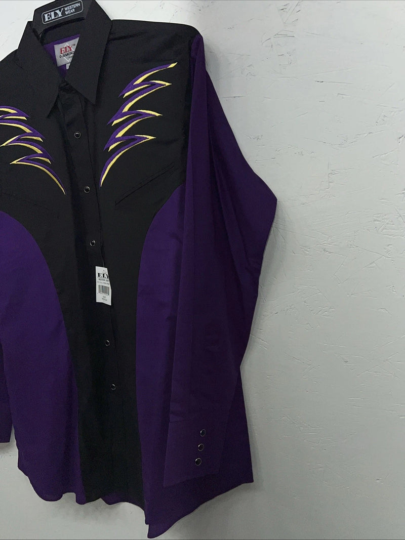 New Men’s Purple Black ELY Diamond Pearl Snap Long Sleeve Shirt Medium I-55
