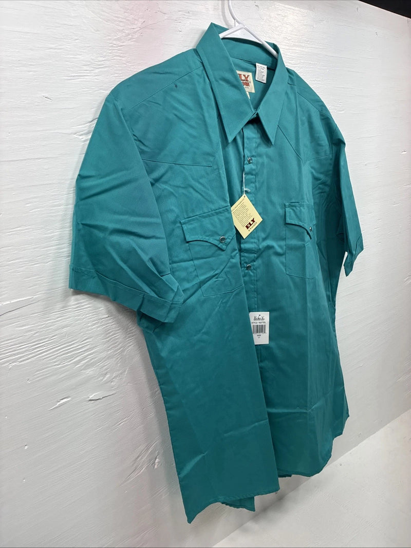 New Men’s ELY Cattleman Teal Short Sleeve Pearl Snap 17 XL M-41