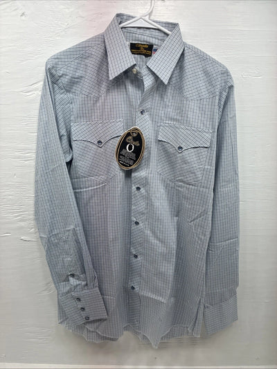 New Men’s Circle S Blue Gray Plaid Long Sleeve Pearl Snap 15 X 34 Medium Q-108