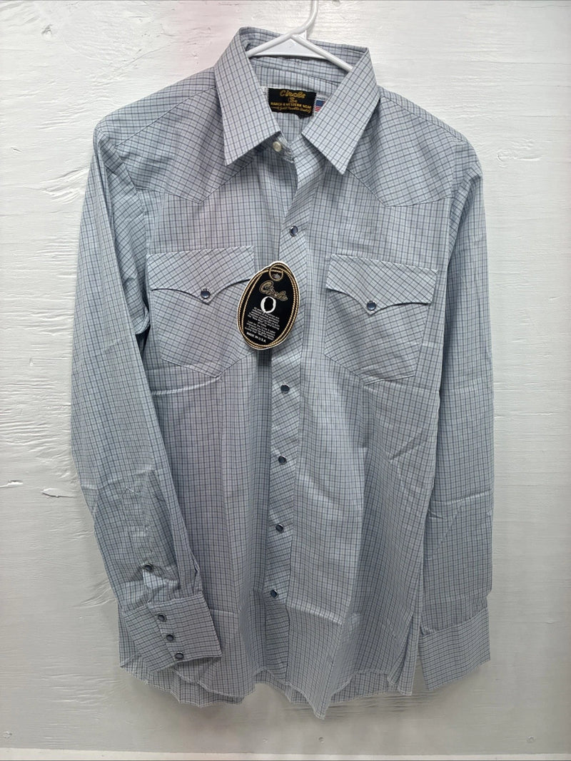 New Men’s Circle S Blue Gray Plaid Long Sleeve Pearl Snap 15 X 34 Medium Q-108