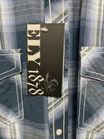 New Men’s ELY 1878 Blue Gray Plaid Long Sleeve Pearl Snap Large V-30 