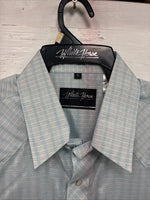 New Men’s White Horse Blue Plaid Short Sleeve Pearl Snap Large CC-46