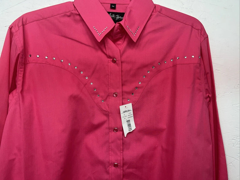 New Women’s Pink White Horse Long Sleeve Button Up Shirt M #211-1426 3B-79
