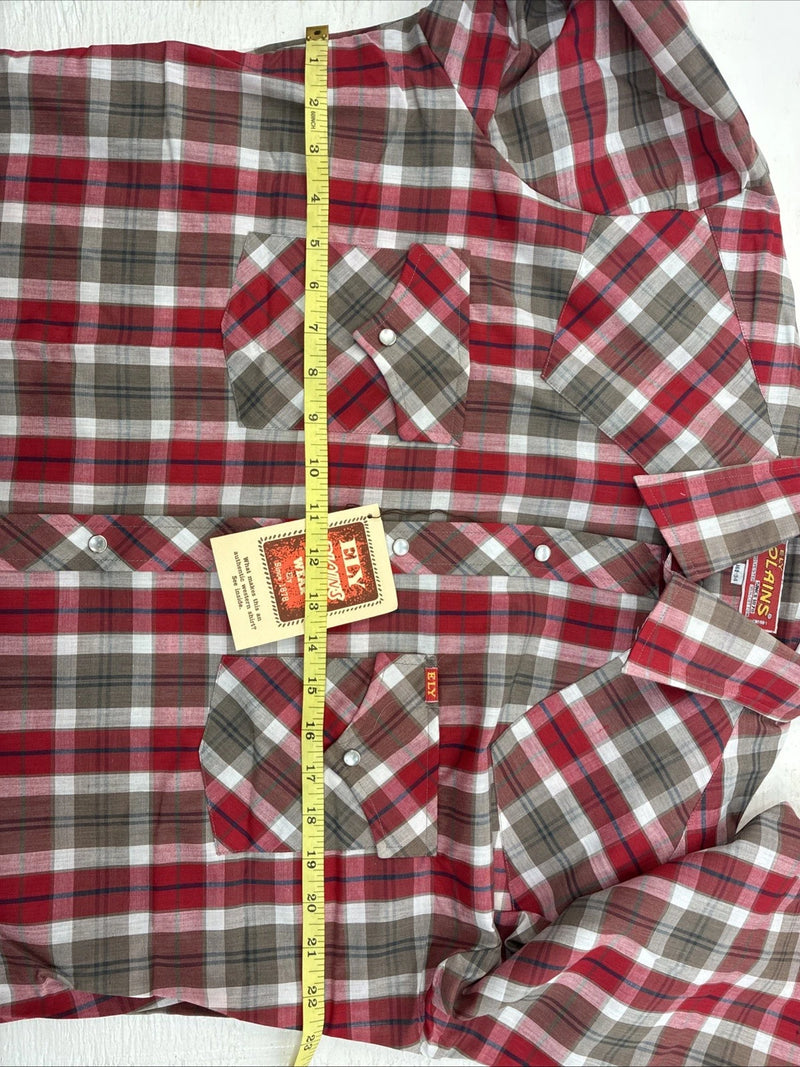 New Men’s ELY Plains Red Plaid Long Sleeve Pearl Snap 16.5 X 34 Large CC-71