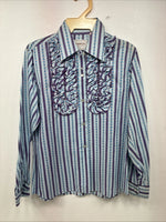 New Women’s Ranch Purple Blue Stripe Long Sleeve Pearl Snap Size 36 MM-19