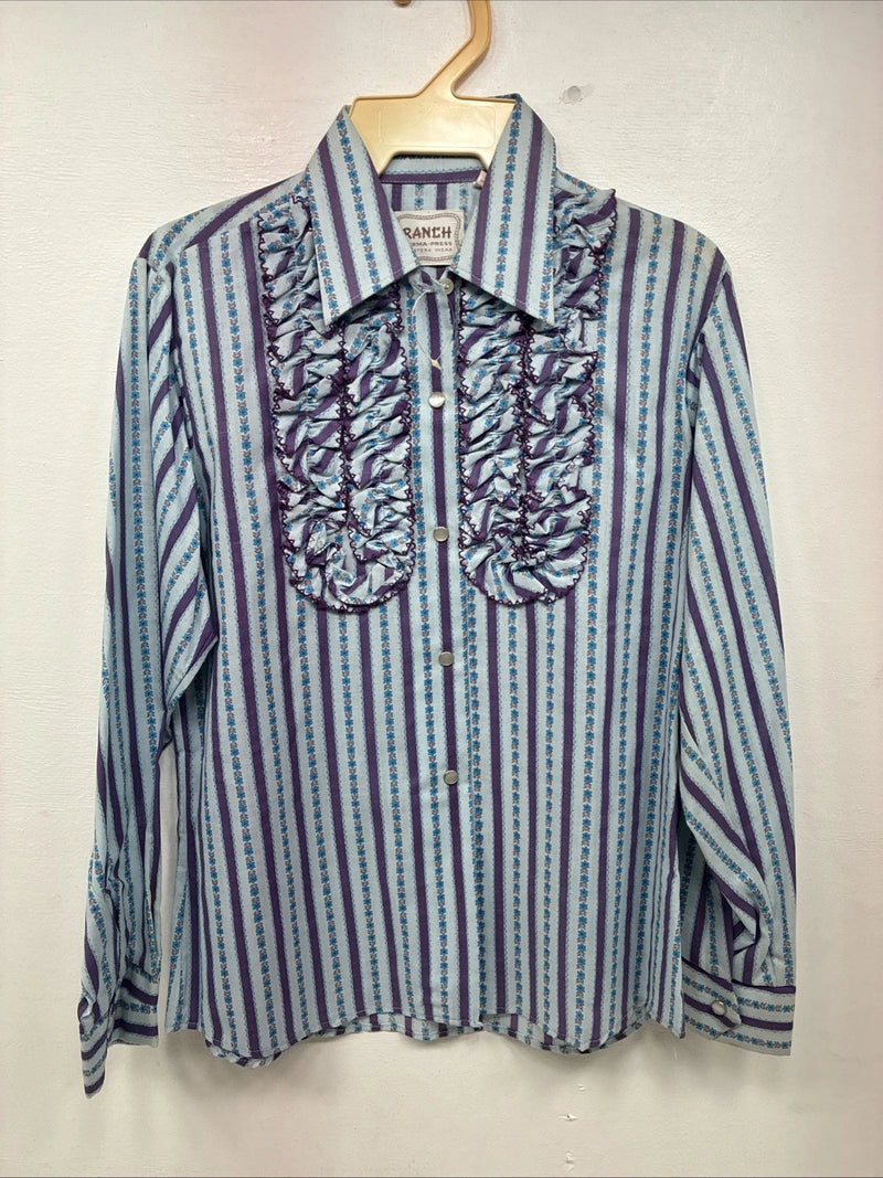 New Women’s Ranch Purple Blue Stripe Long Sleeve Pearl Snap Size 36 MM-19