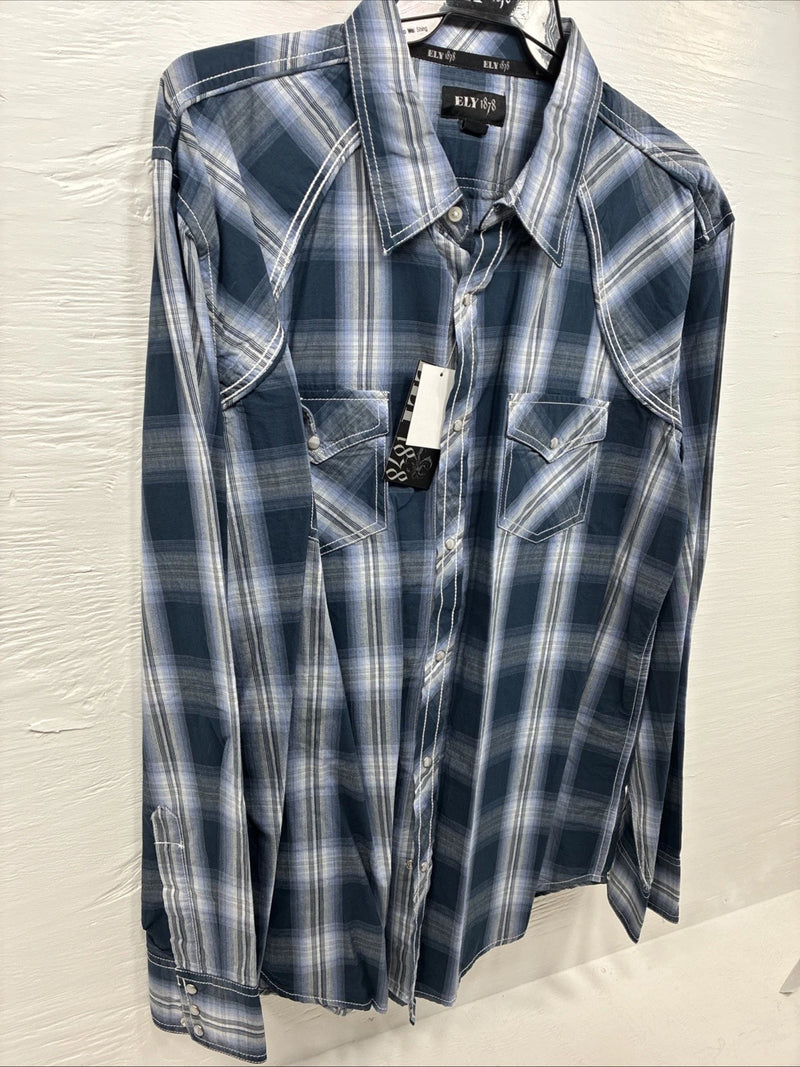 New Men’s ELY 1878 Blue Flannel Long Sleeve Pearl Snap 2XL H-56