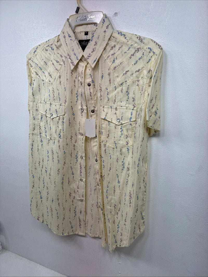 New Women’s White Horse Yellow Floral Short Sleeve Pearl Snap Medium II-97