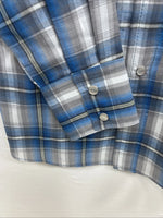 New Kids ELY Cattleman Blue Plaid Long Sleeve Pearl Snap Size 14 DD-39
