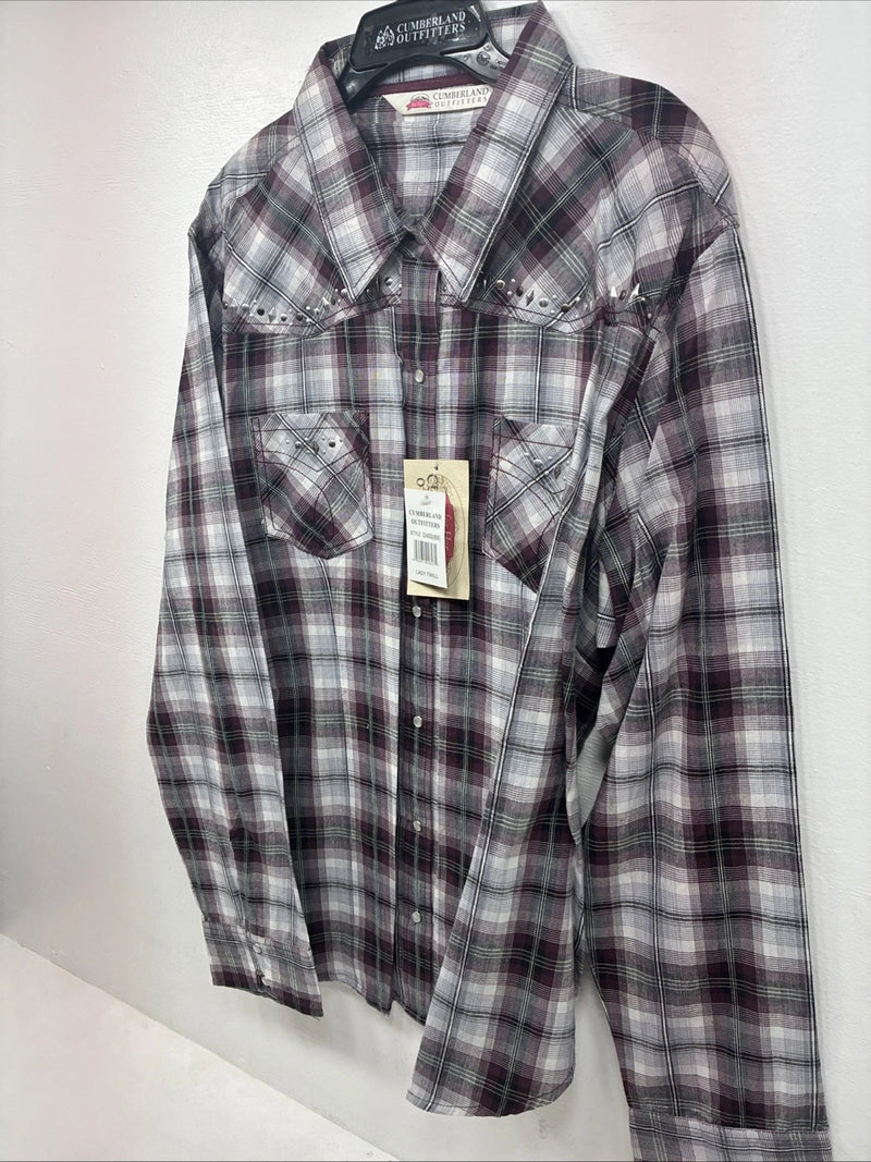 New Women’s Cumberland Purple Plaid Long Sleeve Pearl Snap Size 3X GG-11